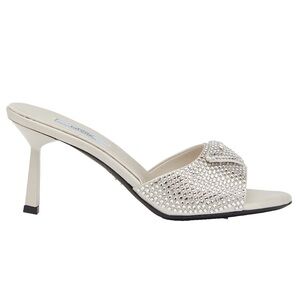 Prada Crystal Satin Stiletto Perla White Grey Backless Sandal Mule Heel Pump 36